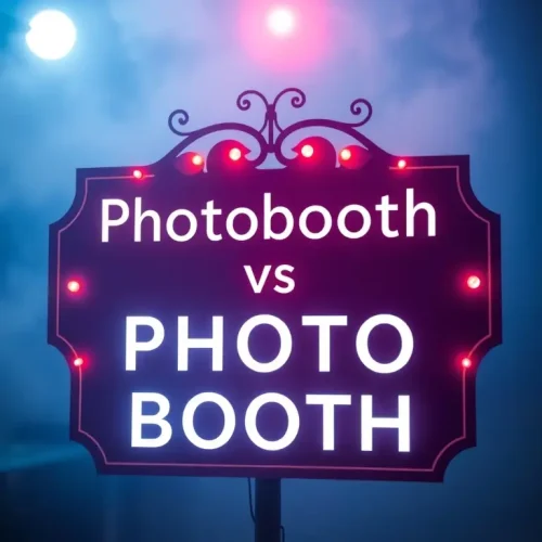 Is photobooth one word or two? An image with a sign reading "Photobooth vs. Photo Booth"